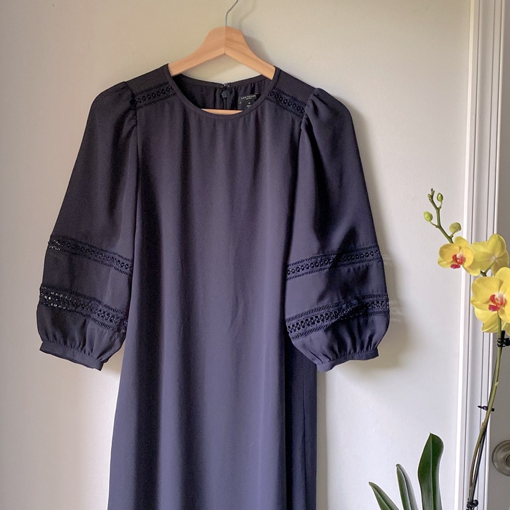 Ann Taylor Blue Sheath Dress with Pleated Bishop Sleeves